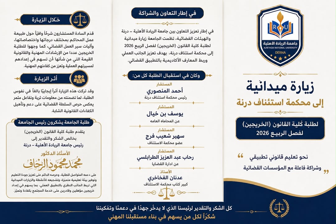 جامعة الريادة الأهلية بدرنة تنظم زيارة ميدانية لطلبة كلية القانون إلى محكمة الاستئناف ​درنة